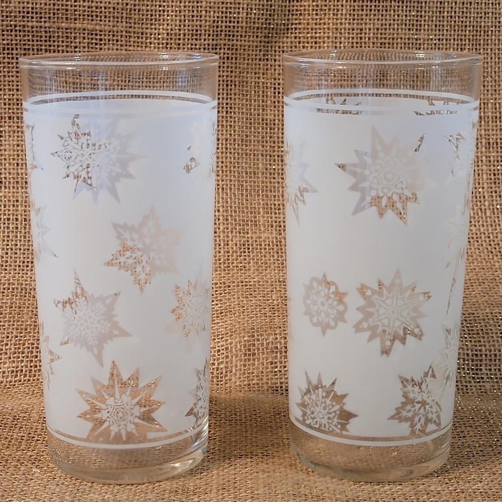 Vintage Federal Glass Frosted Atomic Snowflake Glasses~ Winter Holiday Christmas